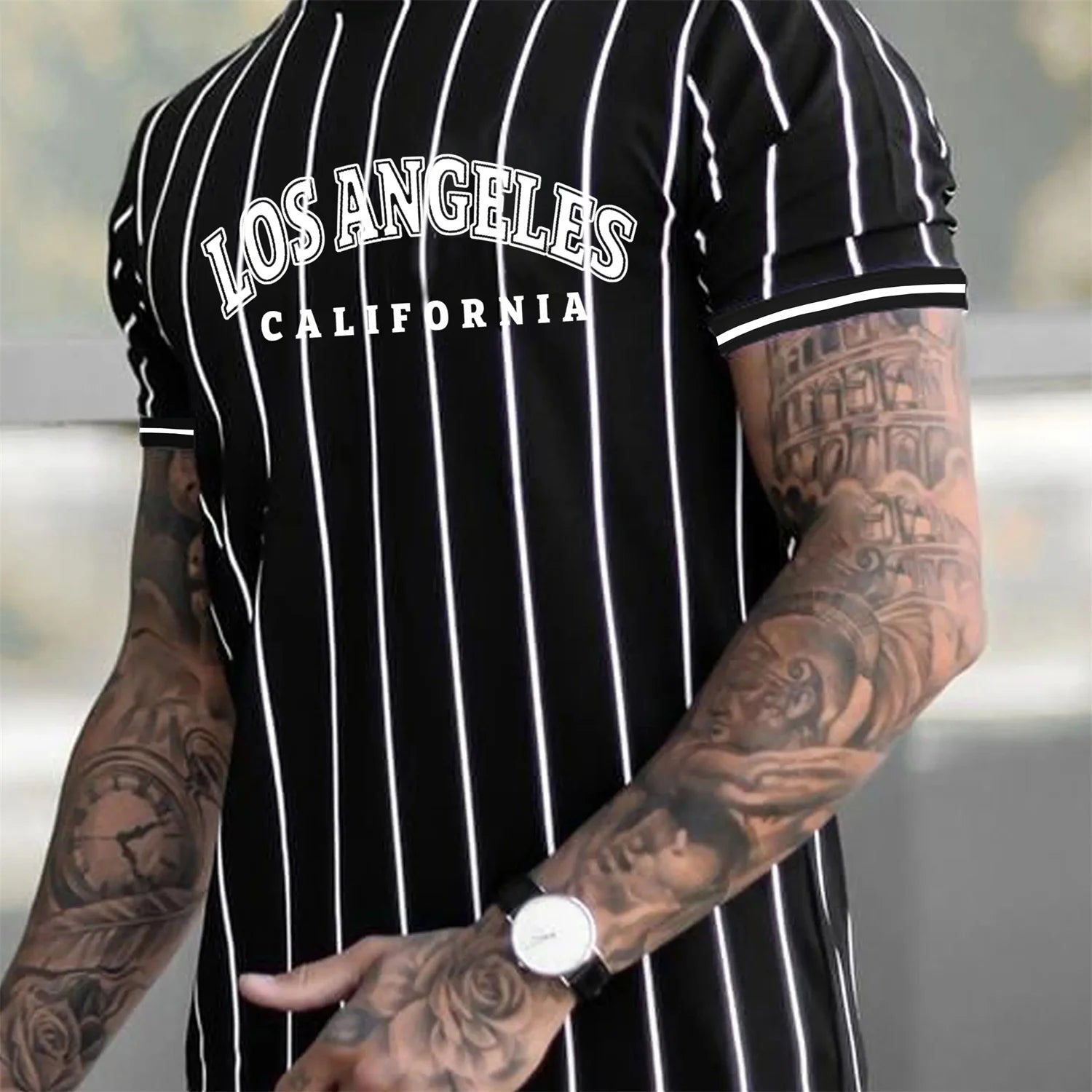 Men's T-Shirt Los Angeles Printed Striped T-shirt Men's Casual Street Style Sporty Round Neck Tee Oversized Men Clothing Tops