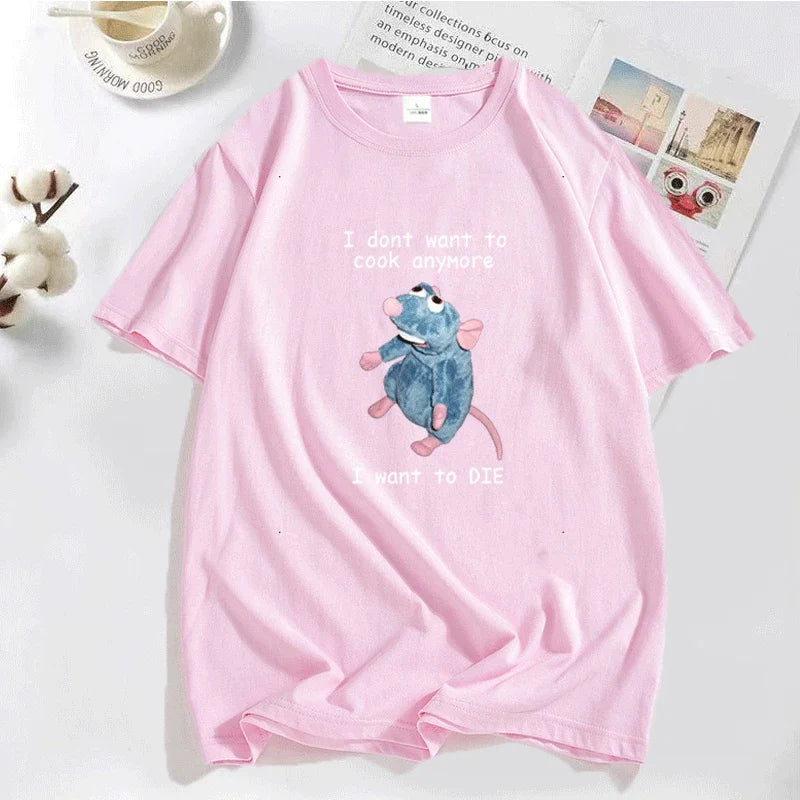 Funny T Shirt Men Print I Don't Want To Cook Anymore I Want To Die Mouse Rat T-shirt Casual Cotton Short Sleeve Mens Clothes