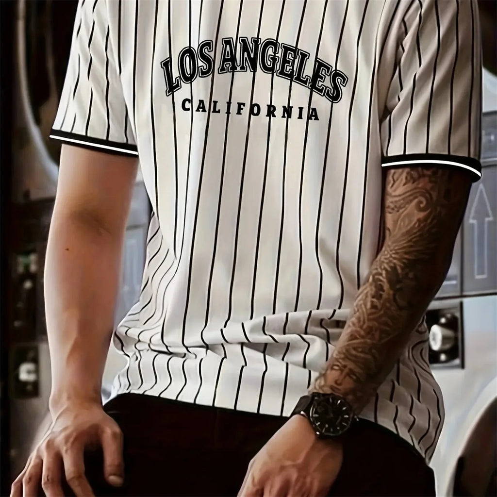Men's T-Shirt Los Angeles Printed Striped T-shirt Men's Casual Street Style Sporty Round Neck Tee Oversized Men Clothing Tops