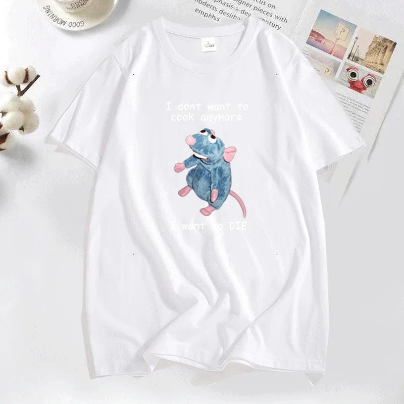 Funny T Shirt Men Print I Don't Want To Cook Anymore I Want To Die Mouse Rat T-shirt Casual Cotton Short Sleeve Mens Clothes